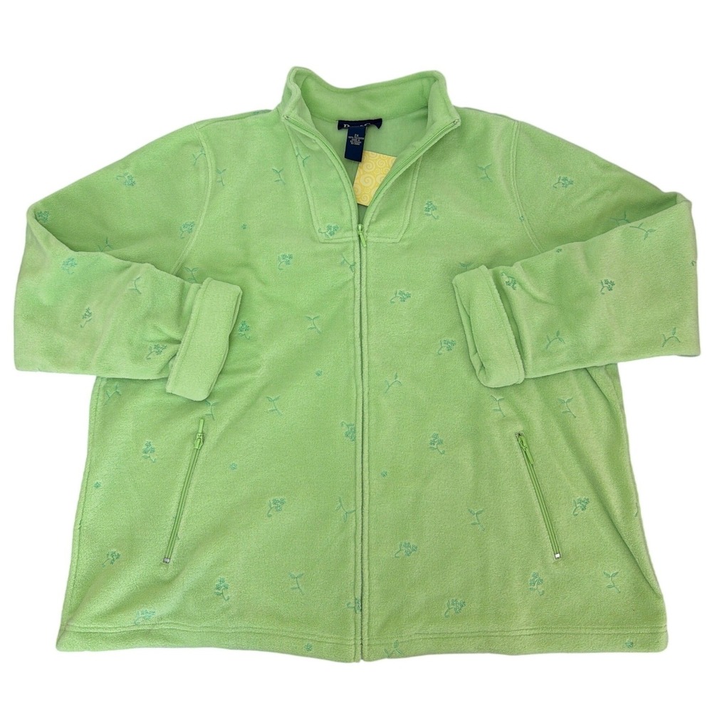 Denim & Co Green Floral Embroidered Fleece Full Zipper Jacket 2X Pockets Soft